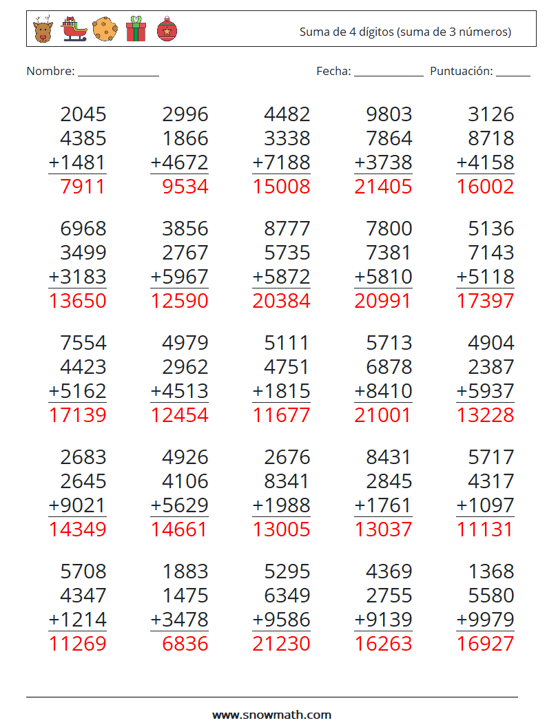 (25) Suma de 4 dígitos (suma de 3 números) Hojas de trabajo de matemáticas 13 Pregunta, respuesta