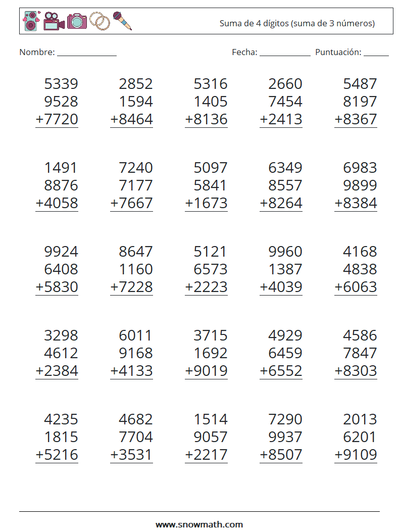 (25) Suma de 4 dígitos (suma de 3 números) Hojas de trabajo de matemáticas 14
