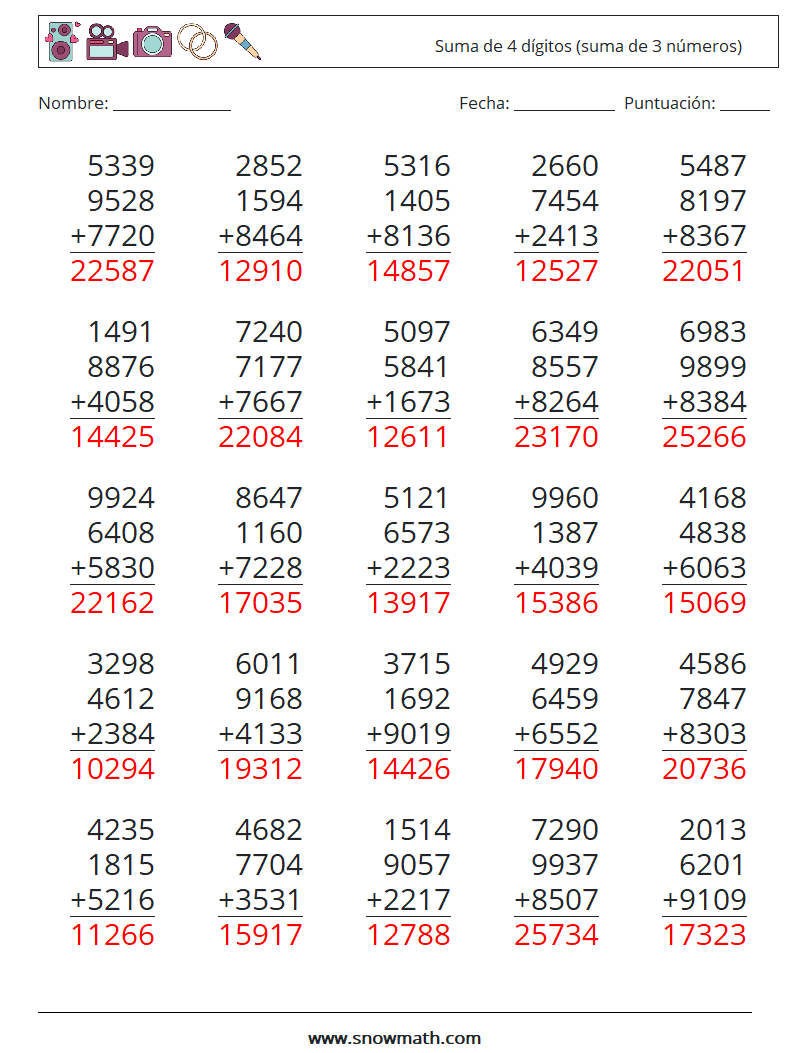 (25) Suma de 4 dígitos (suma de 3 números) Hojas de trabajo de matemáticas 14 Pregunta, respuesta