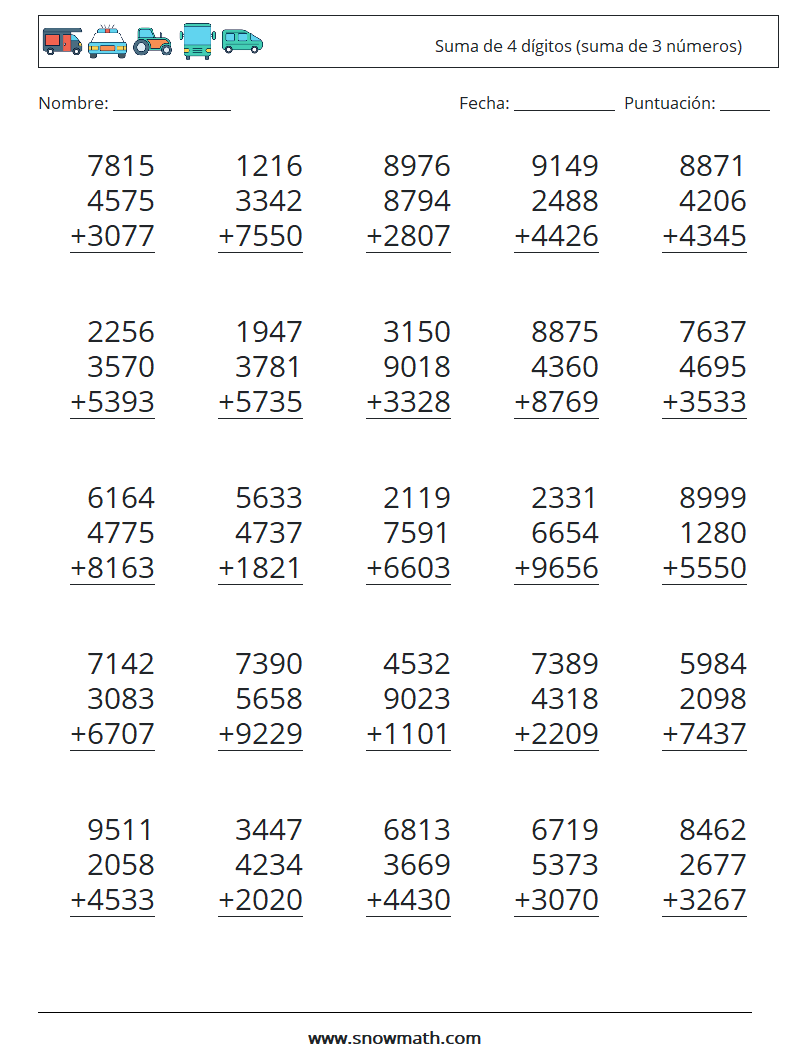 (25) Suma de 4 dígitos (suma de 3 números) Hojas de trabajo de matemáticas 15