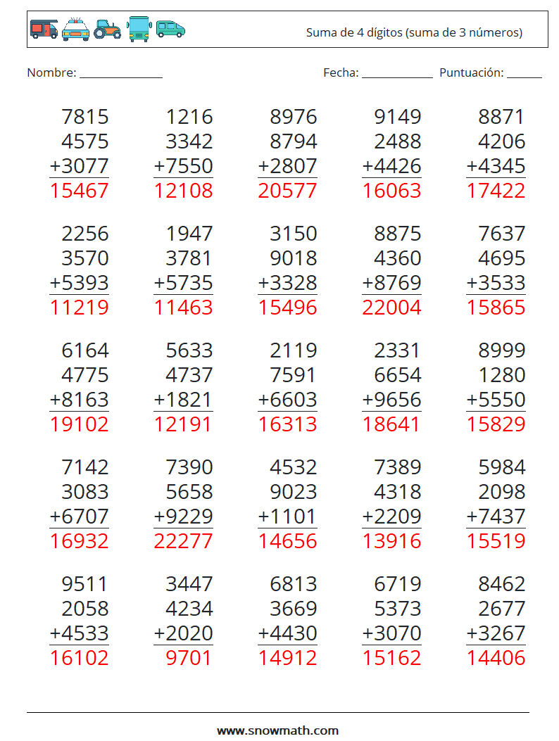 (25) Suma de 4 dígitos (suma de 3 números) Hojas de trabajo de matemáticas 15 Pregunta, respuesta
