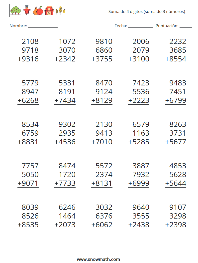 (25) Suma de 4 dígitos (suma de 3 números) Hojas de trabajo de matemáticas 16