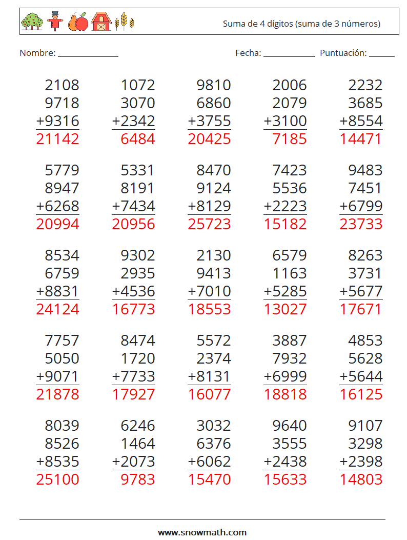 (25) Suma de 4 dígitos (suma de 3 números) Hojas de trabajo de matemáticas 16 Pregunta, respuesta