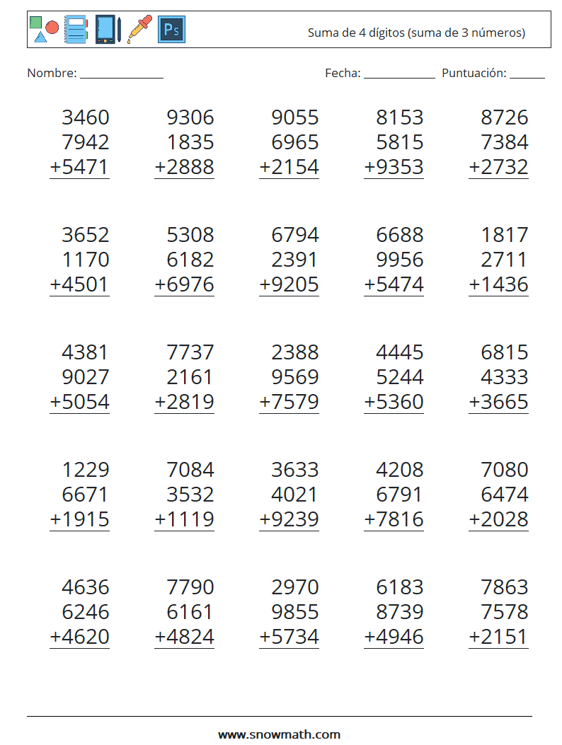 (25) Suma de 4 dígitos (suma de 3 números) Hojas de trabajo de matemáticas 18