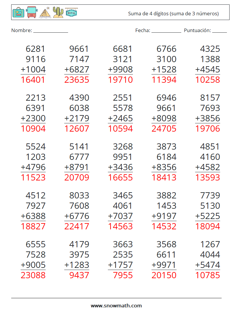 (25) Suma de 4 dígitos (suma de 3 números) Hojas de trabajo de matemáticas 1 Pregunta, respuesta