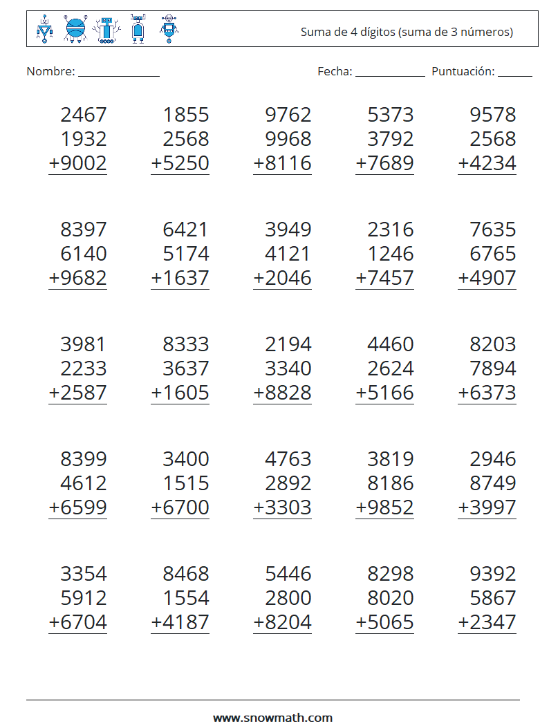 (25) Suma de 4 dígitos (suma de 3 números) Hojas de trabajo de matemáticas 2