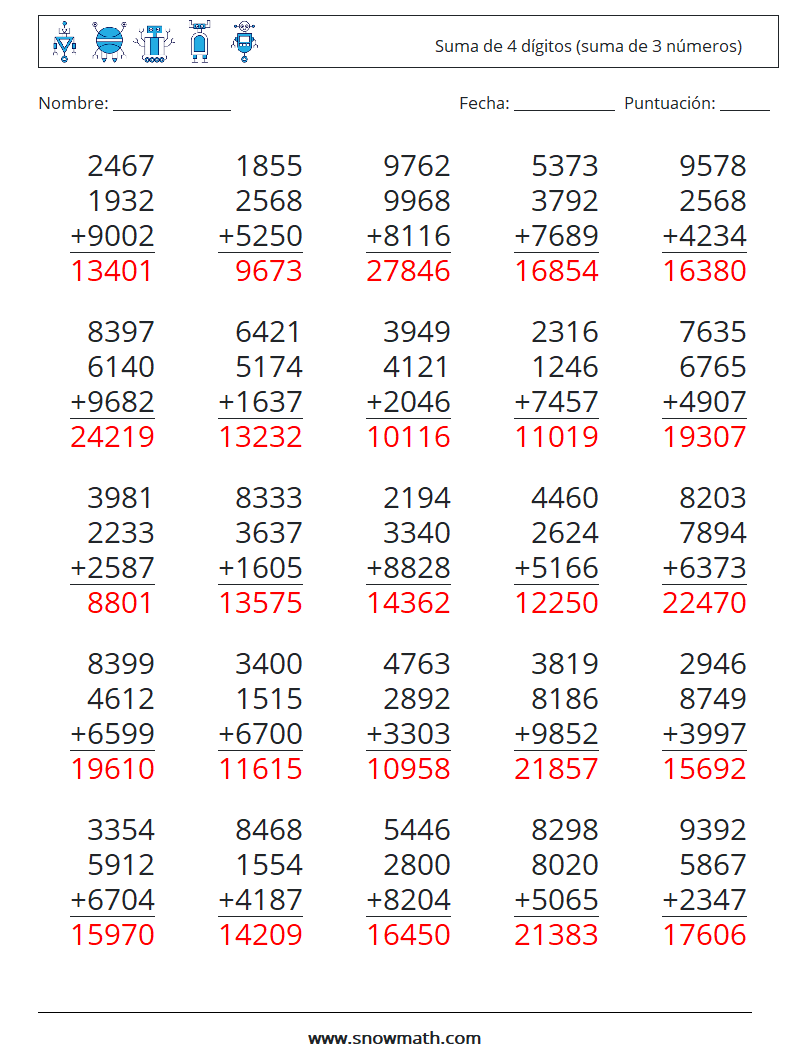 (25) Suma de 4 dígitos (suma de 3 números) Hojas de trabajo de matemáticas 2 Pregunta, respuesta