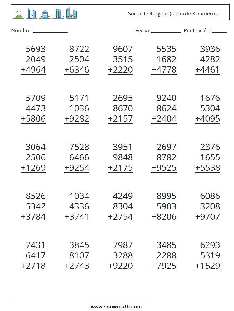 (25) Suma de 4 dígitos (suma de 3 números) Hojas de trabajo de matemáticas 3