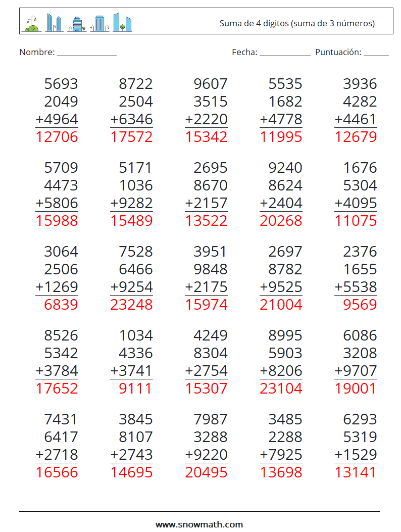 (25) Suma de 4 dígitos (suma de 3 números) Hojas de trabajo de matemáticas 3 Pregunta, respuesta