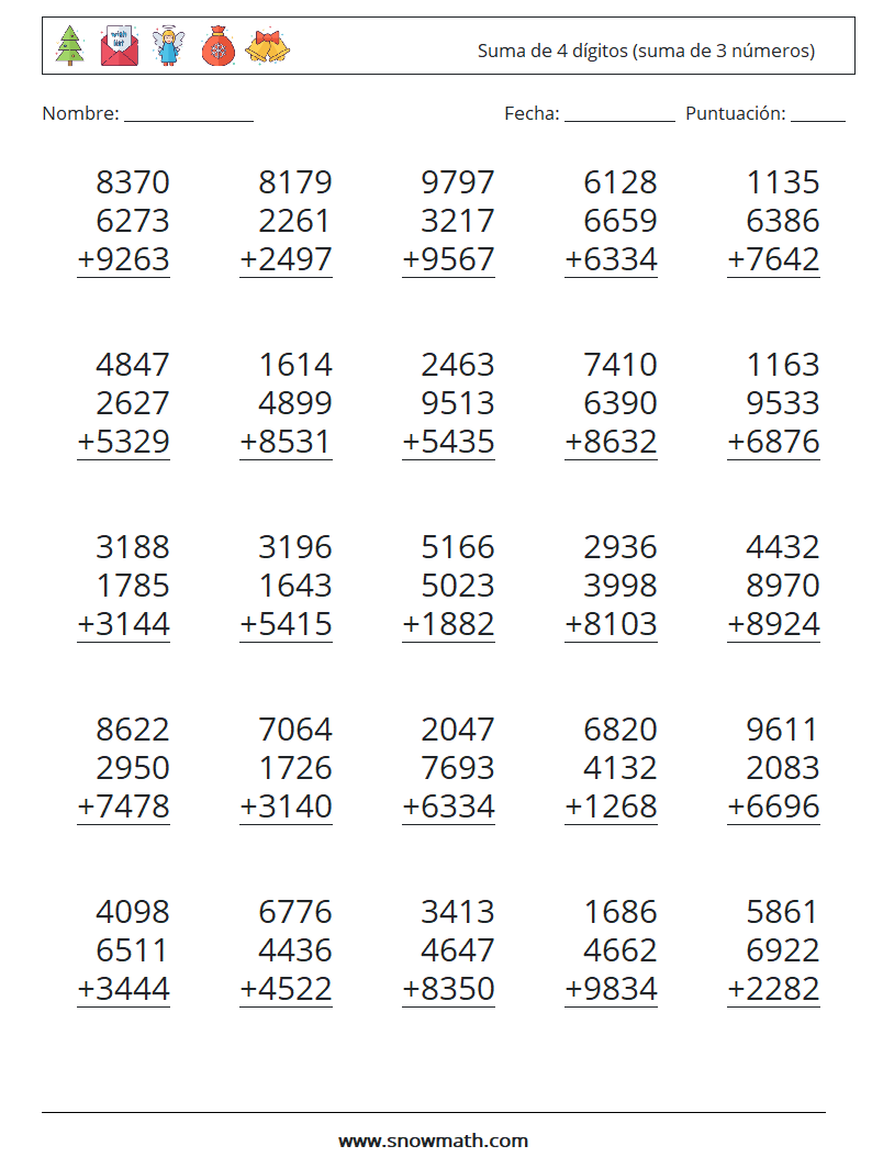 (25) Suma de 4 dígitos (suma de 3 números) Hojas de trabajo de matemáticas 4