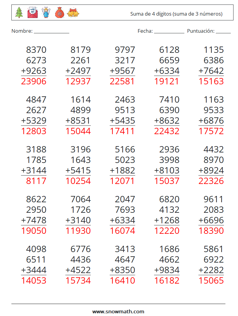 (25) Suma de 4 dígitos (suma de 3 números) Hojas de trabajo de matemáticas 4 Pregunta, respuesta