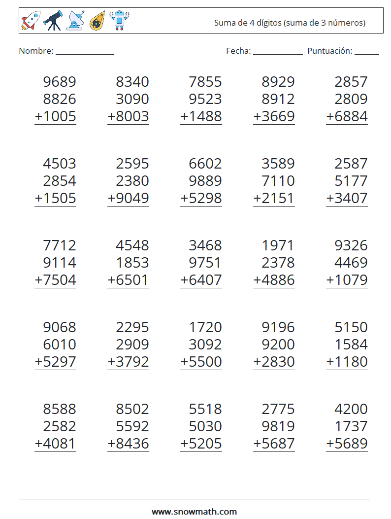 (25) Suma de 4 dígitos (suma de 3 números) Hojas de trabajo de matemáticas 5