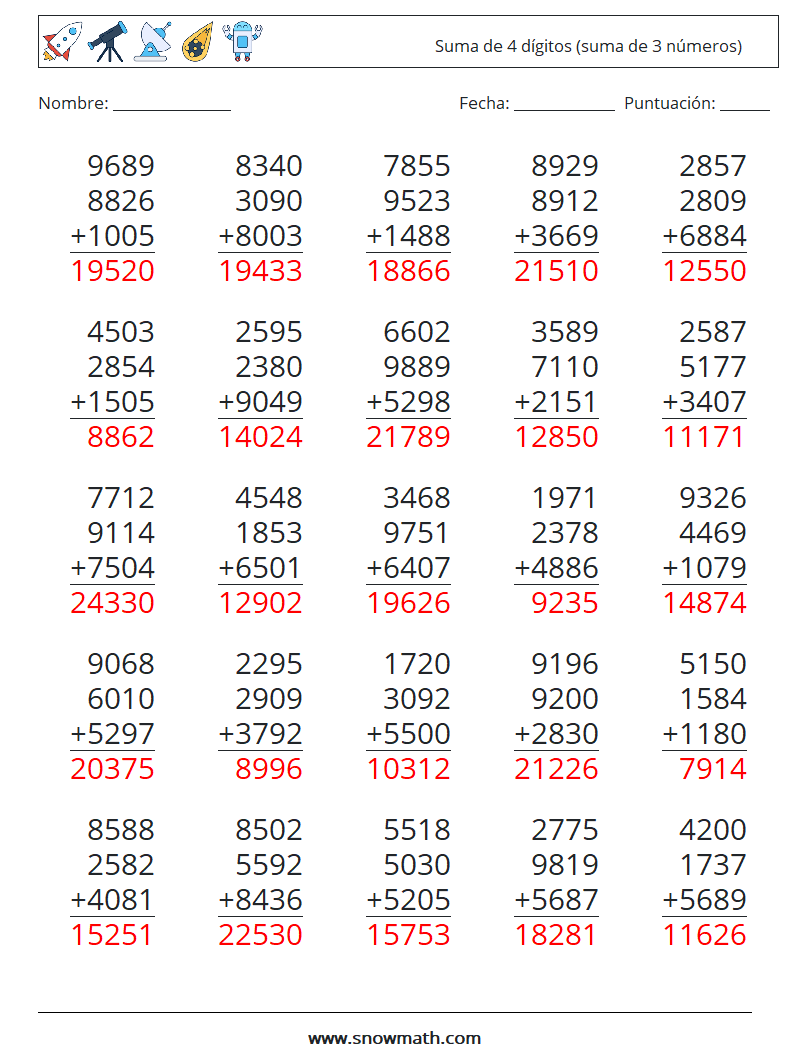 (25) Suma de 4 dígitos (suma de 3 números) Hojas de trabajo de matemáticas 5 Pregunta, respuesta