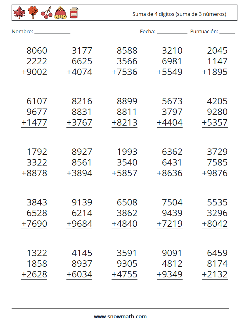 (25) Suma de 4 dígitos (suma de 3 números) Hojas de trabajo de matemáticas 6
