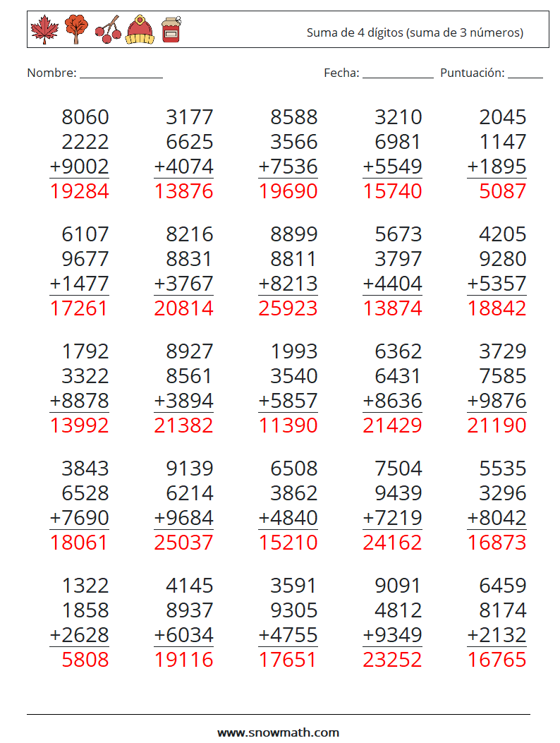 (25) Suma de 4 dígitos (suma de 3 números) Hojas de trabajo de matemáticas 6 Pregunta, respuesta