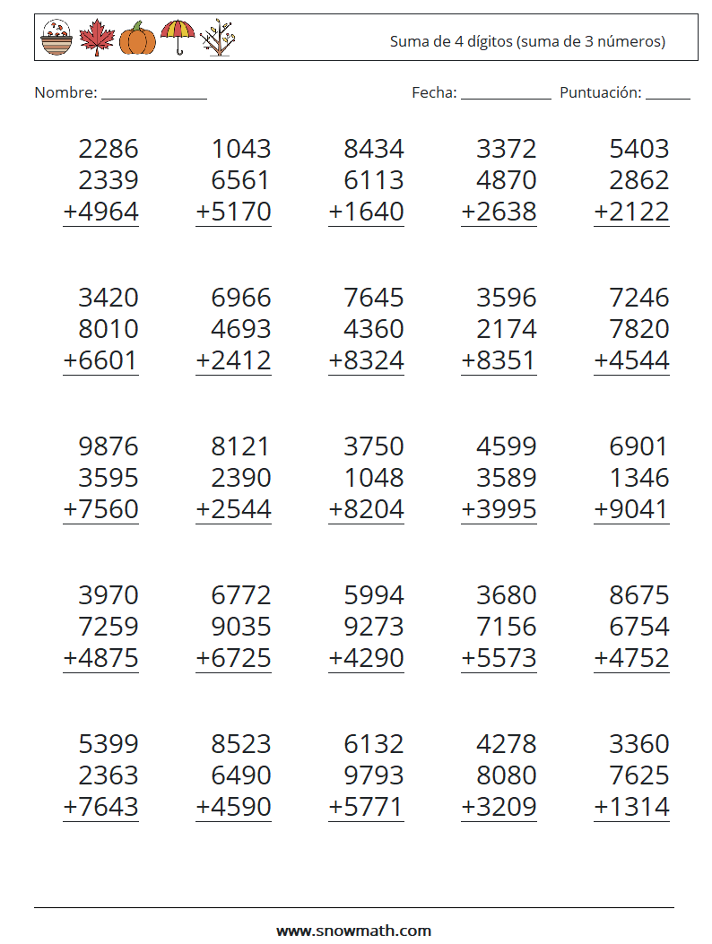 (25) Suma de 4 dígitos (suma de 3 números) Hojas de trabajo de matemáticas 7