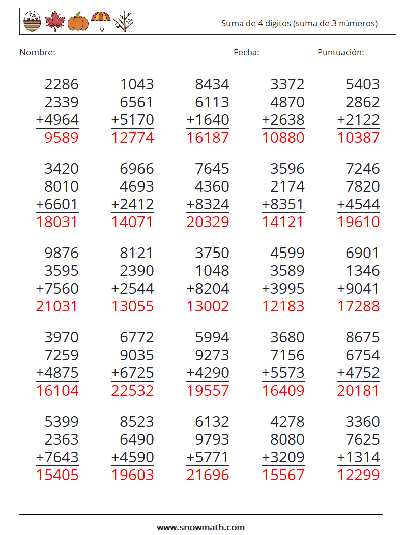 (25) Suma de 4 dígitos (suma de 3 números) Hojas de trabajo de matemáticas 7 Pregunta, respuesta