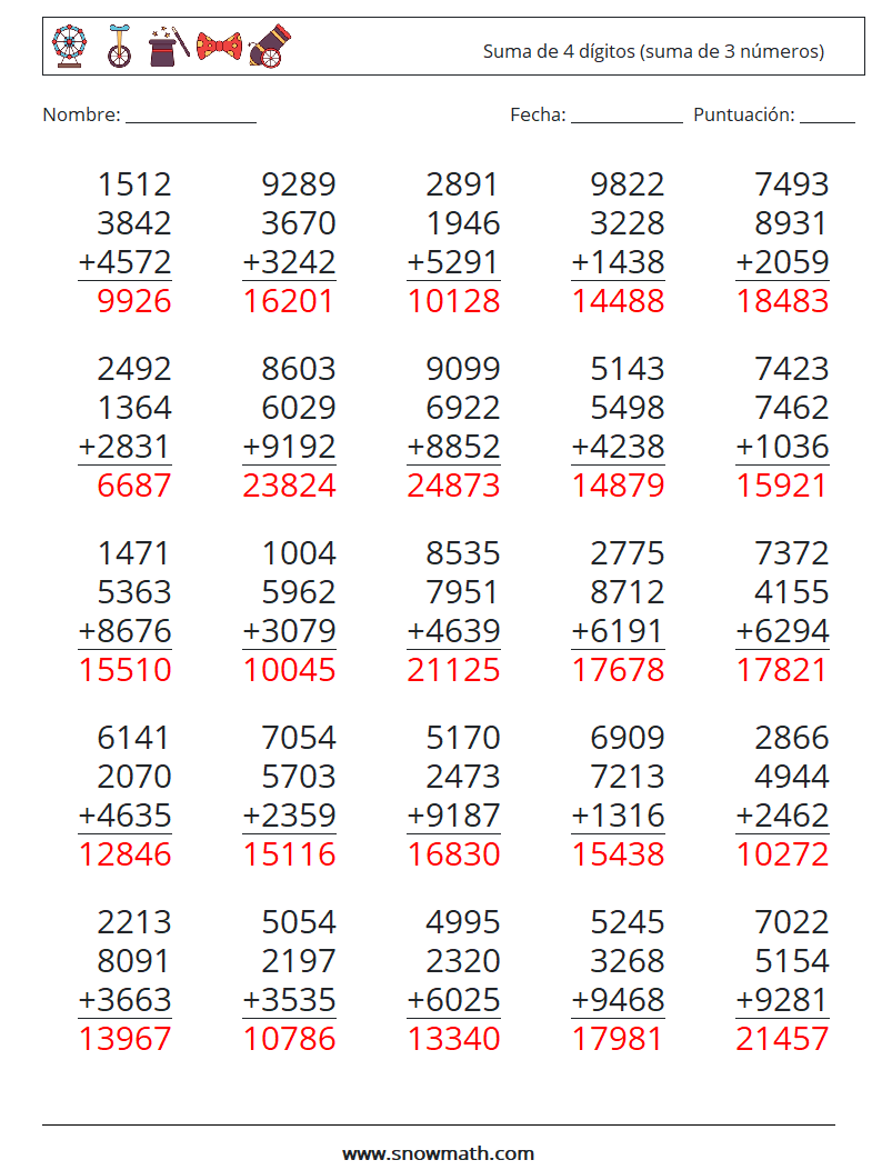 (25) Suma de 4 dígitos (suma de 3 números) Hojas de trabajo de matemáticas 8 Pregunta, respuesta