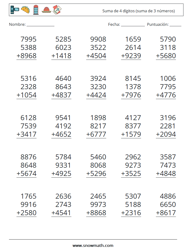 (25) Suma de 4 dígitos (suma de 3 números) Hojas de trabajo de matemáticas 9