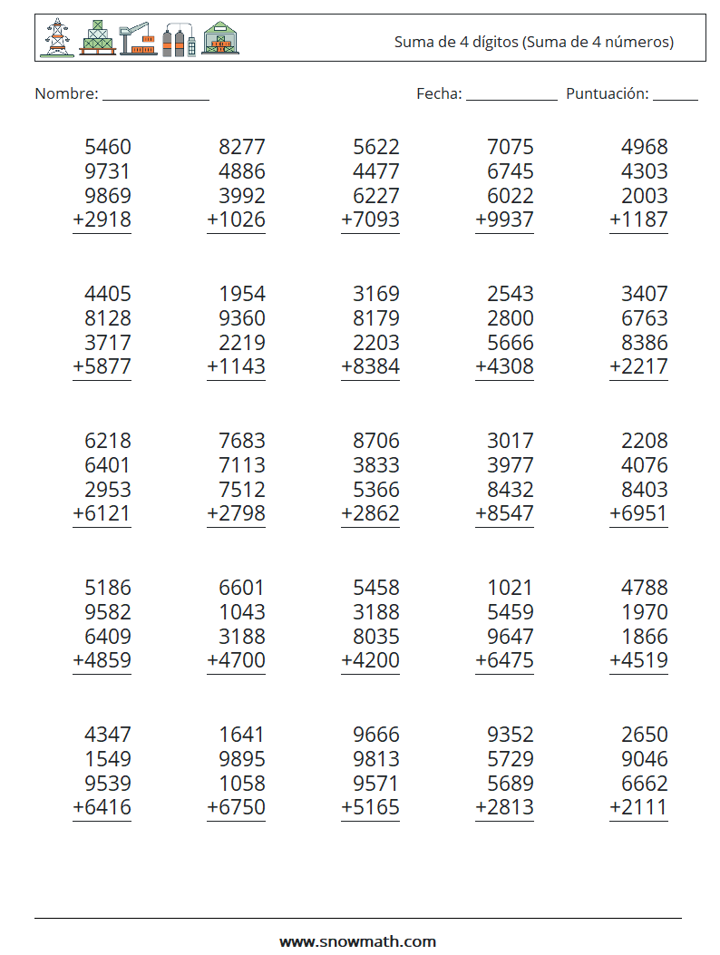 (25) Suma de 4 dígitos (Suma de 4 números) Hojas de trabajo de matemáticas 10