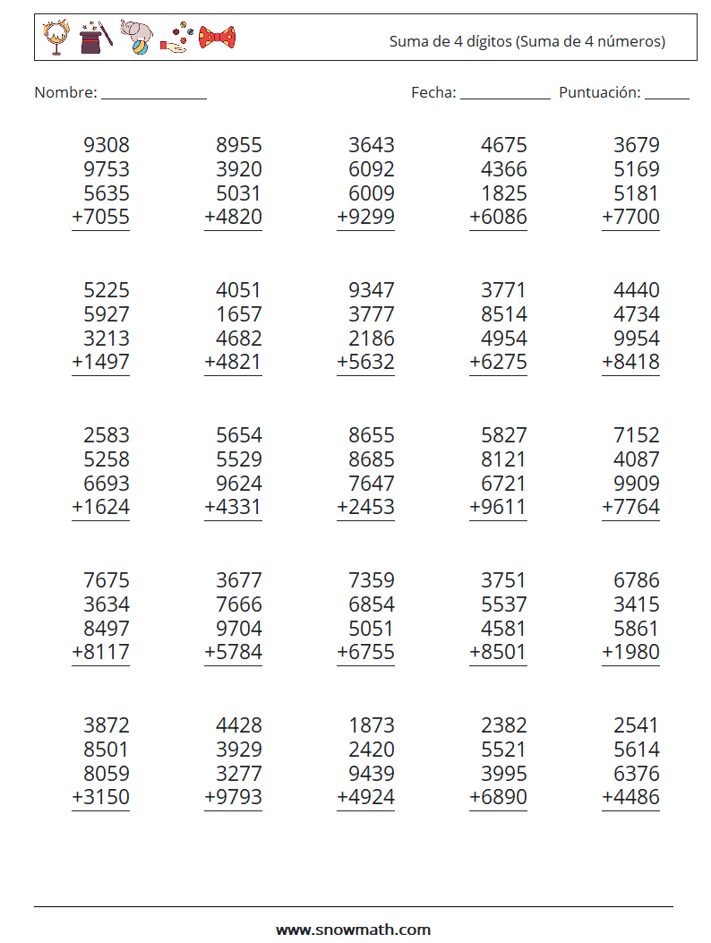(25) Suma de 4 dígitos (Suma de 4 números) Hojas de trabajo de matemáticas 11