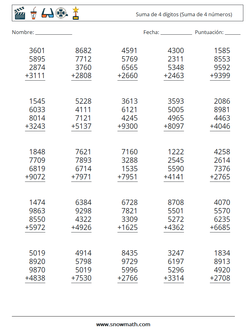 (25) Suma de 4 dígitos (Suma de 4 números) Hojas de trabajo de matemáticas 12