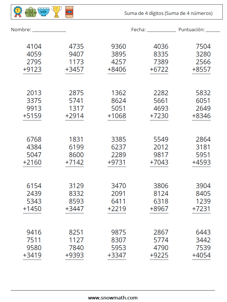 (25) Suma de 4 dígitos (Suma de 4 números) Hojas de trabajo de matemáticas 14