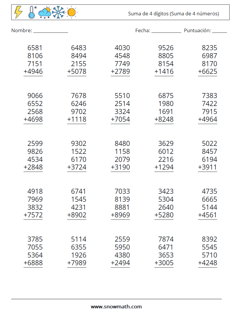 (25) Suma de 4 dígitos (Suma de 4 números) Hojas de trabajo de matemáticas 15