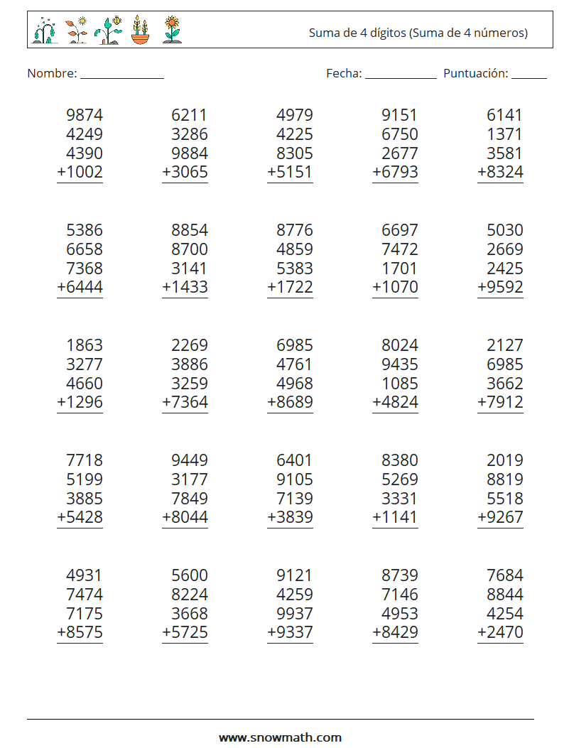 (25) Suma de 4 dígitos (Suma de 4 números) Hojas de trabajo de matemáticas 16