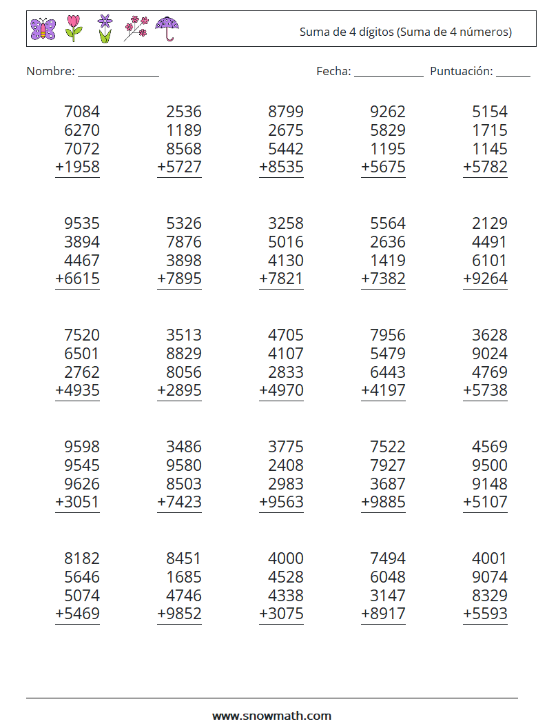 (25) Suma de 4 dígitos (Suma de 4 números) Hojas de trabajo de matemáticas 17