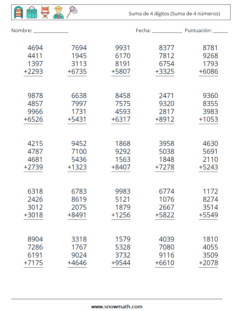 (25) Suma de 4 dígitos (Suma de 4 números) Hojas de trabajo de matemáticas 18