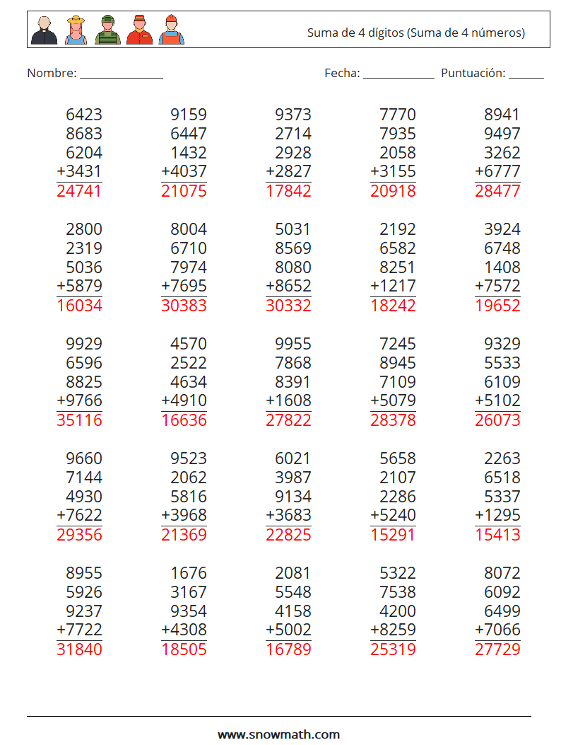 (25) Suma de 4 dígitos (Suma de 4 números) Hojas de trabajo de matemáticas 1 Pregunta, respuesta