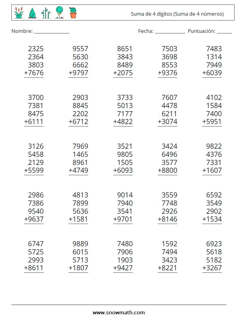 (25) Suma de 4 dígitos (Suma de 4 números) Hojas de trabajo de matemáticas 2