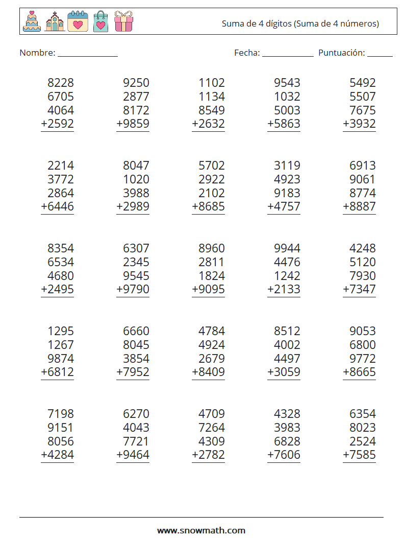 (25) Suma de 4 dígitos (Suma de 4 números) Hojas de trabajo de matemáticas 4