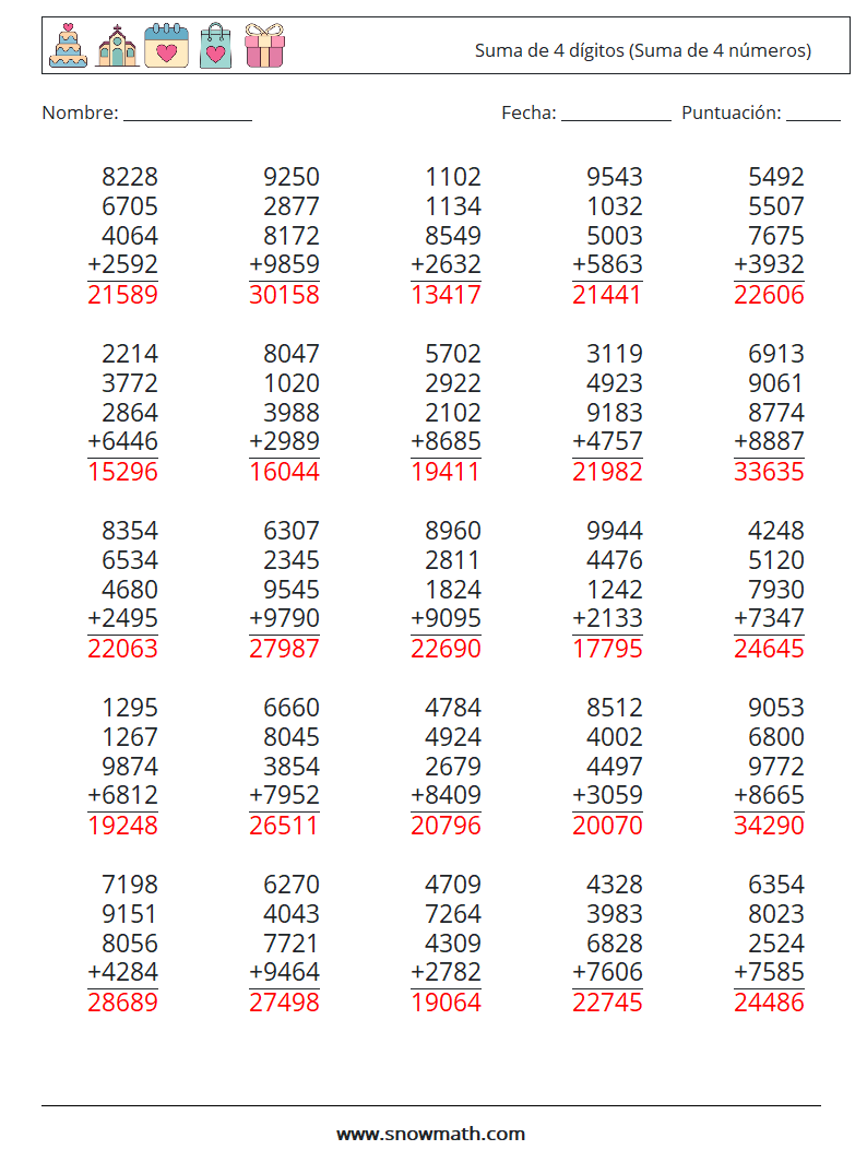 (25) Suma de 4 dígitos (Suma de 4 números) Hojas de trabajo de matemáticas 4 Pregunta, respuesta