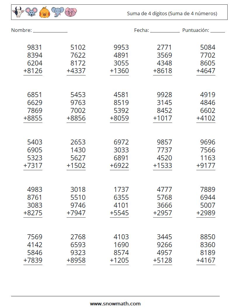 (25) Suma de 4 dígitos (Suma de 4 números) Hojas de trabajo de matemáticas 5