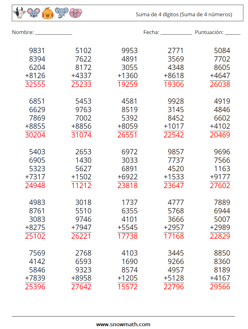 (25) Suma de 4 dígitos (Suma de 4 números) Hojas de trabajo de matemáticas 5 Pregunta, respuesta