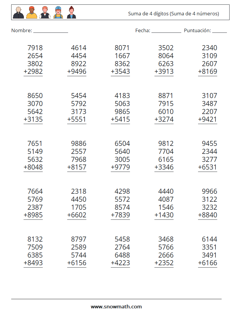 (25) Suma de 4 dígitos (Suma de 4 números) Hojas de trabajo de matemáticas 6