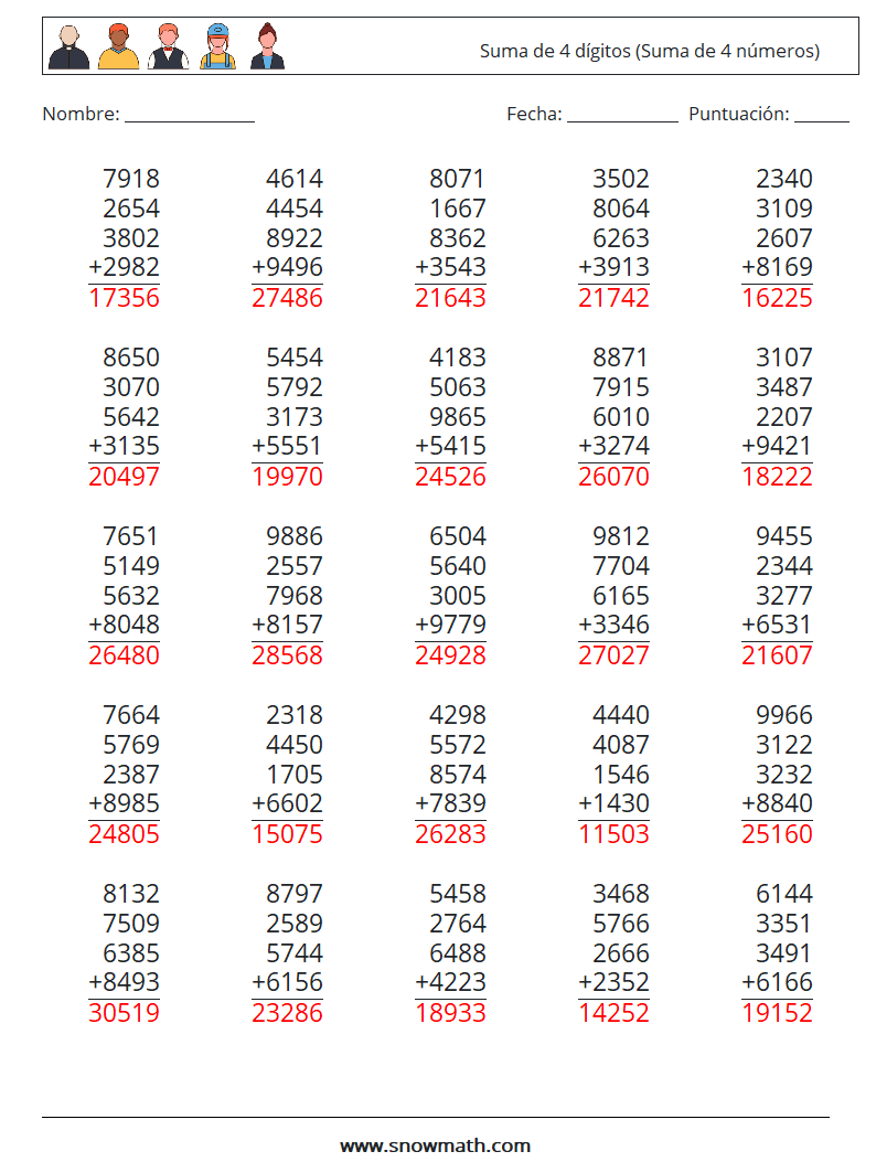 (25) Suma de 4 dígitos (Suma de 4 números) Hojas de trabajo de matemáticas 6 Pregunta, respuesta