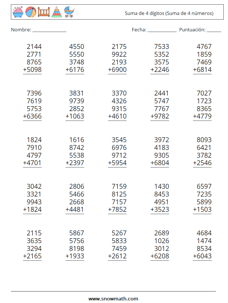 (25) Suma de 4 dígitos (Suma de 4 números) Hojas de trabajo de matemáticas 7