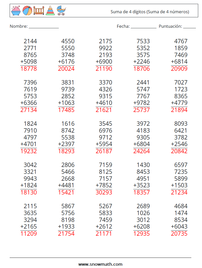 (25) Suma de 4 dígitos (Suma de 4 números) Hojas de trabajo de matemáticas 7 Pregunta, respuesta