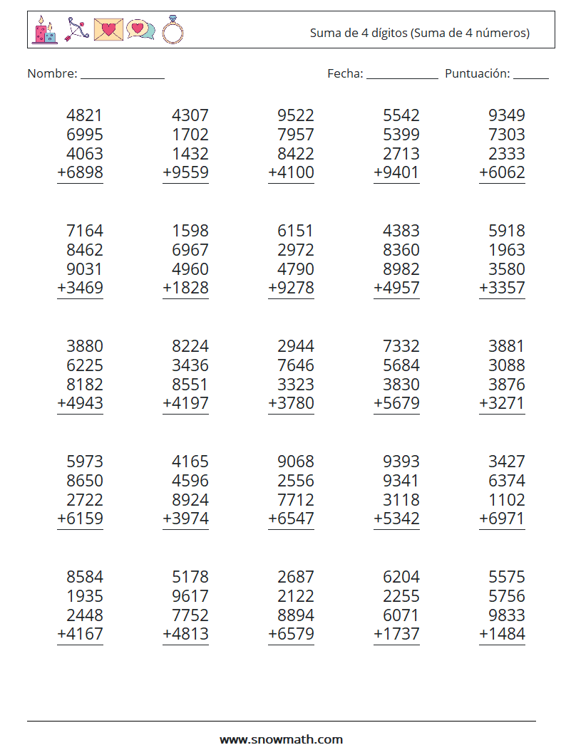 (25) Suma de 4 dígitos (Suma de 4 números) Hojas de trabajo de matemáticas 8