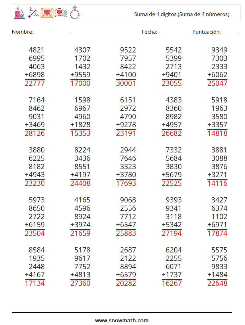 (25) Suma de 4 dígitos (Suma de 4 números) Hojas de trabajo de matemáticas 8 Pregunta, respuesta