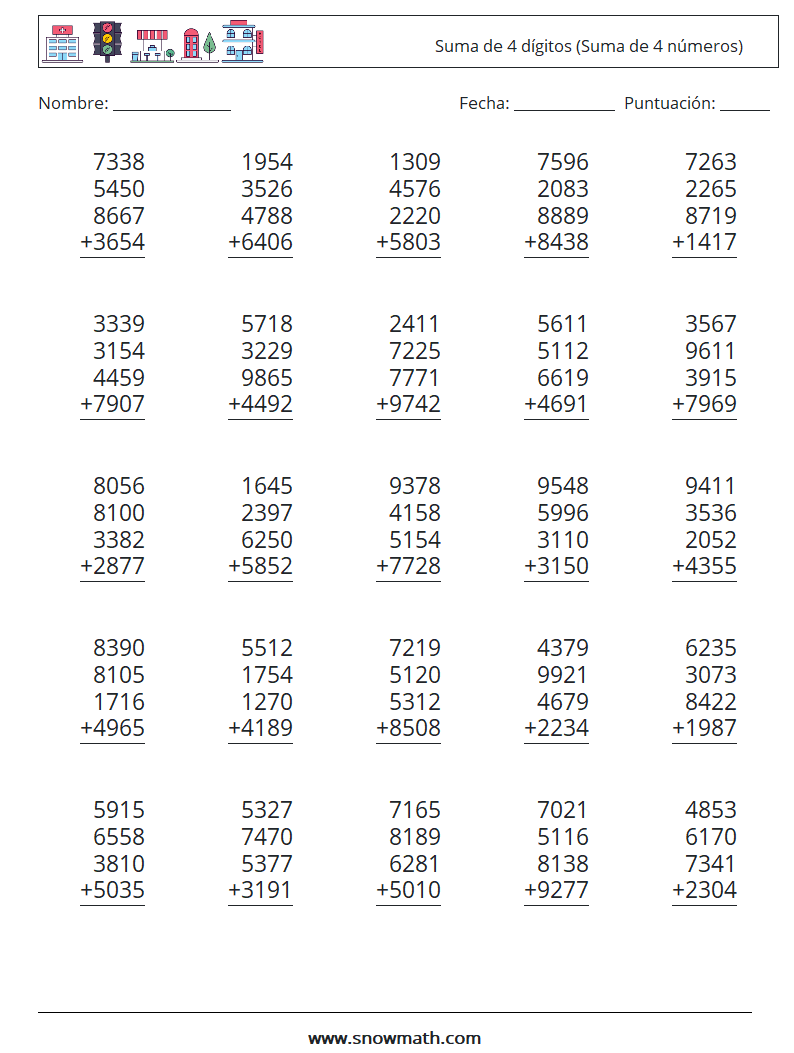 (25) Suma de 4 dígitos (Suma de 4 números) Hojas de trabajo de matemáticas 9