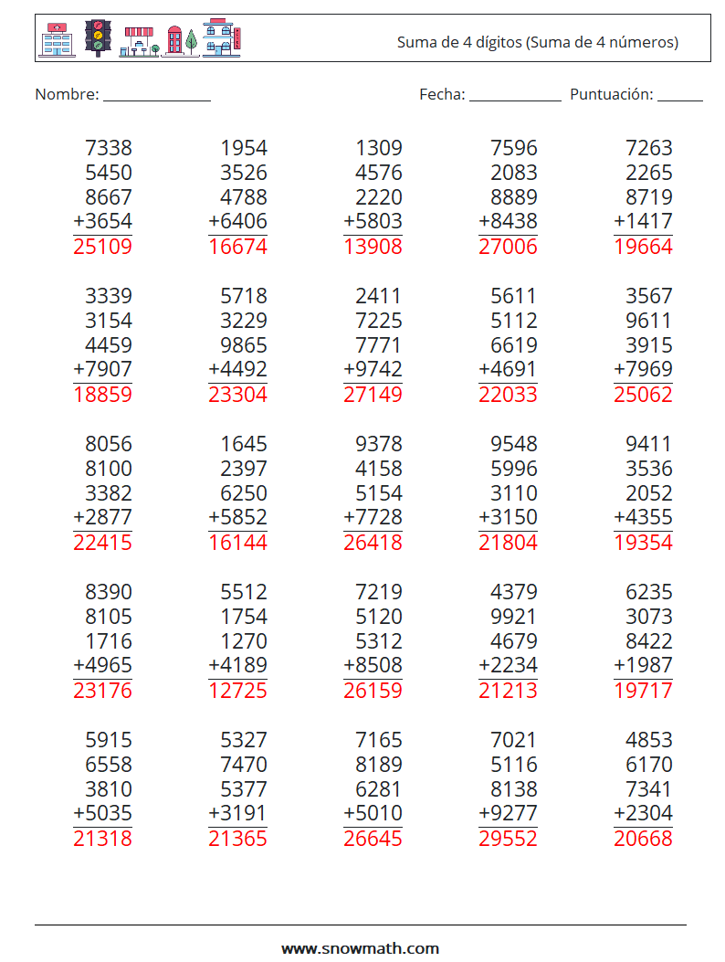 (25) Suma de 4 dígitos (Suma de 4 números) Hojas de trabajo de matemáticas 9 Pregunta, respuesta