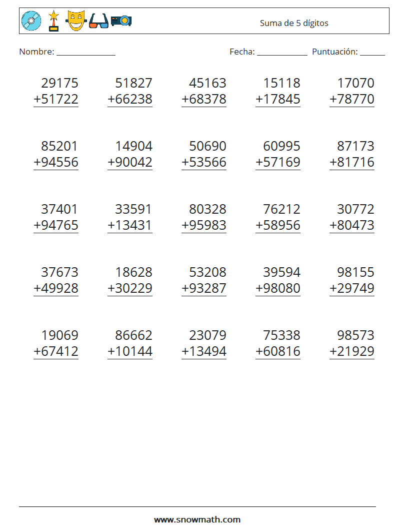 (25) Suma de 5 dígitos Hojas de trabajo de matemáticas 10