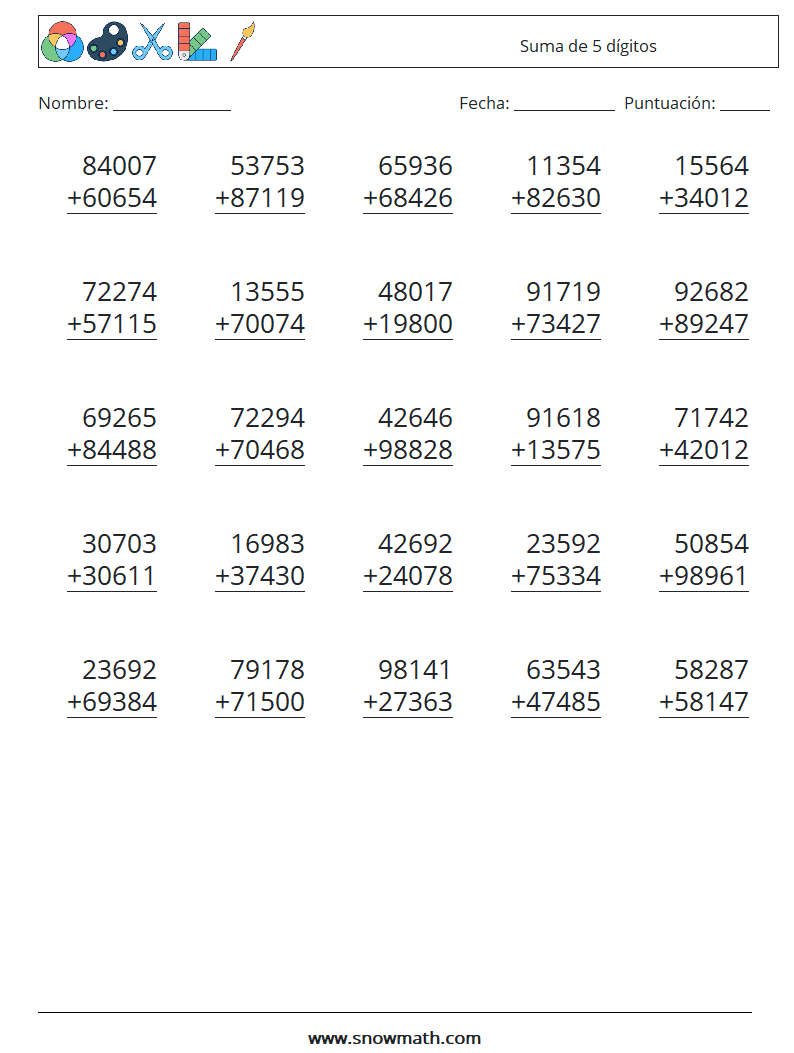 (25) Suma de 5 dígitos Hojas de trabajo de matemáticas 12