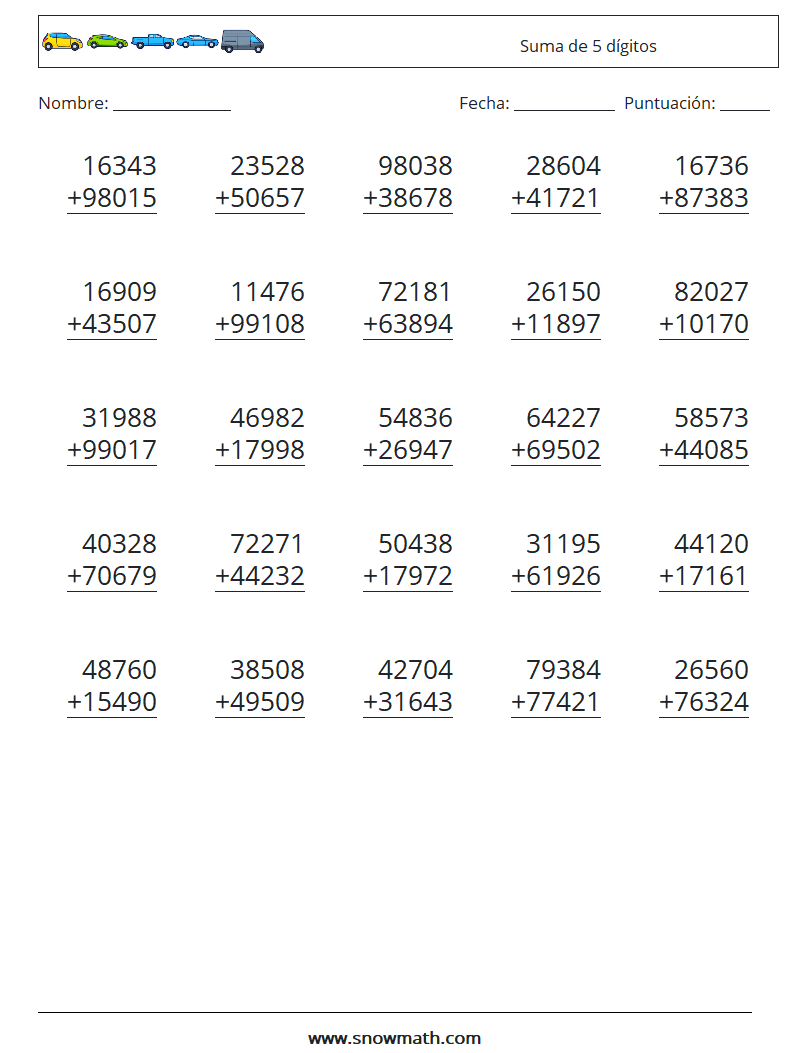 (25) Suma de 5 dígitos Hojas de trabajo de matemáticas 13