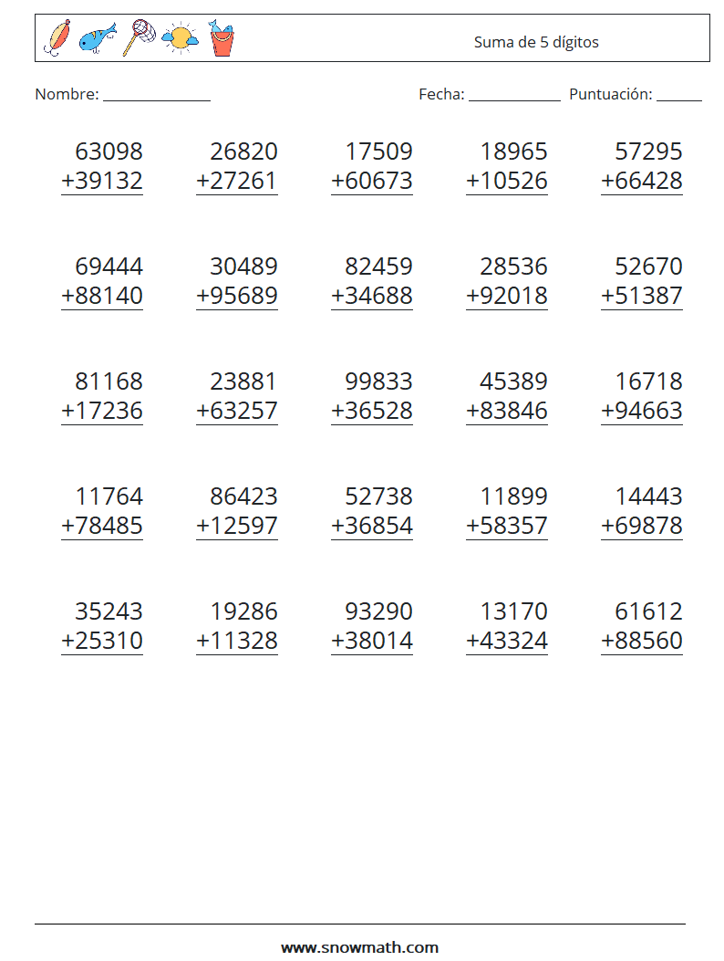 (25) Suma de 5 dígitos Hojas de trabajo de matemáticas 16