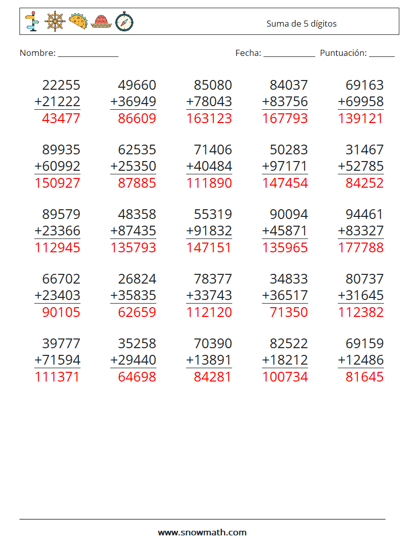 (25) Suma de 5 dígitos Hojas de trabajo de matemáticas 1 Pregunta, respuesta